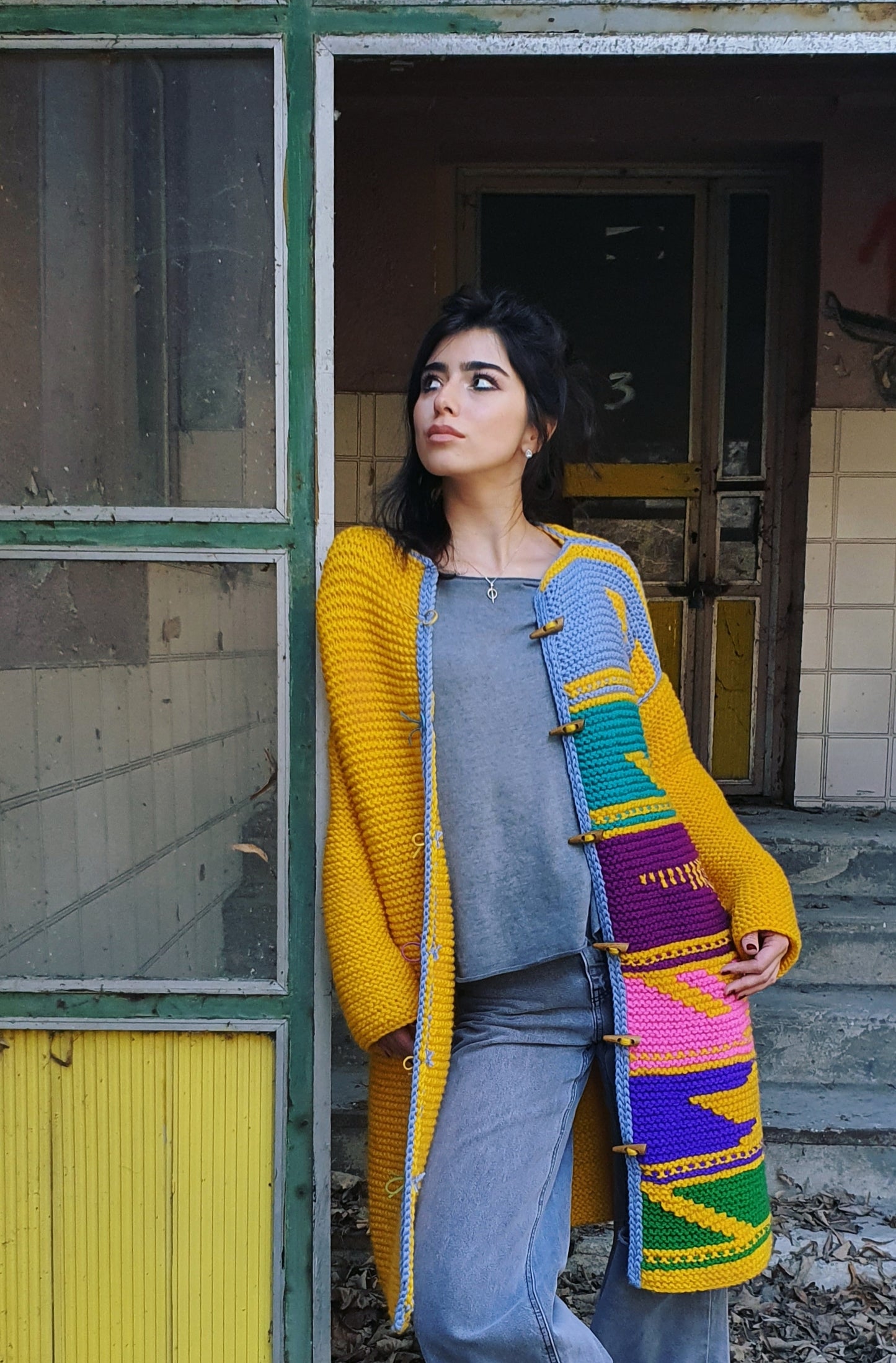 LARA - Yellow hand knit unique wool coat