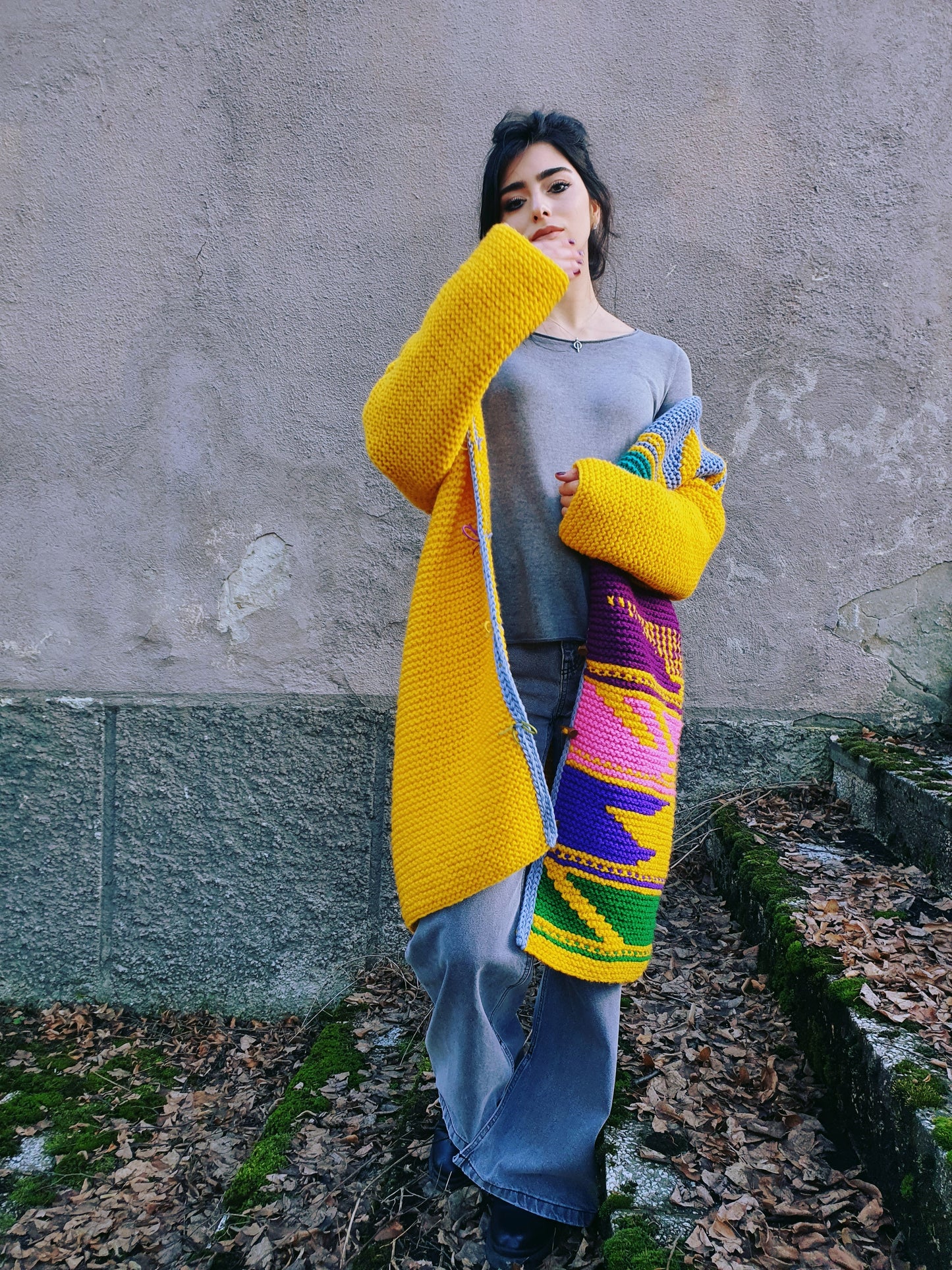 LARA - Yellow hand knit unique wool coat