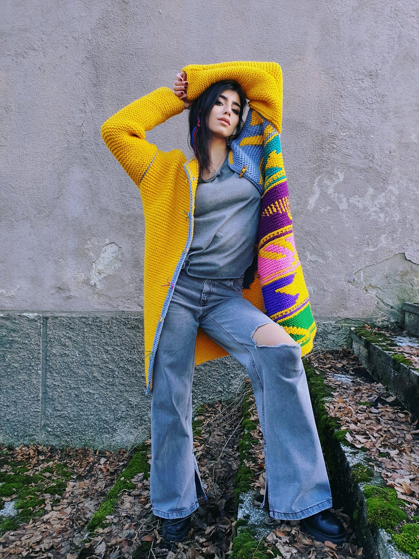 LARA - Yellow hand knit unique wool coat