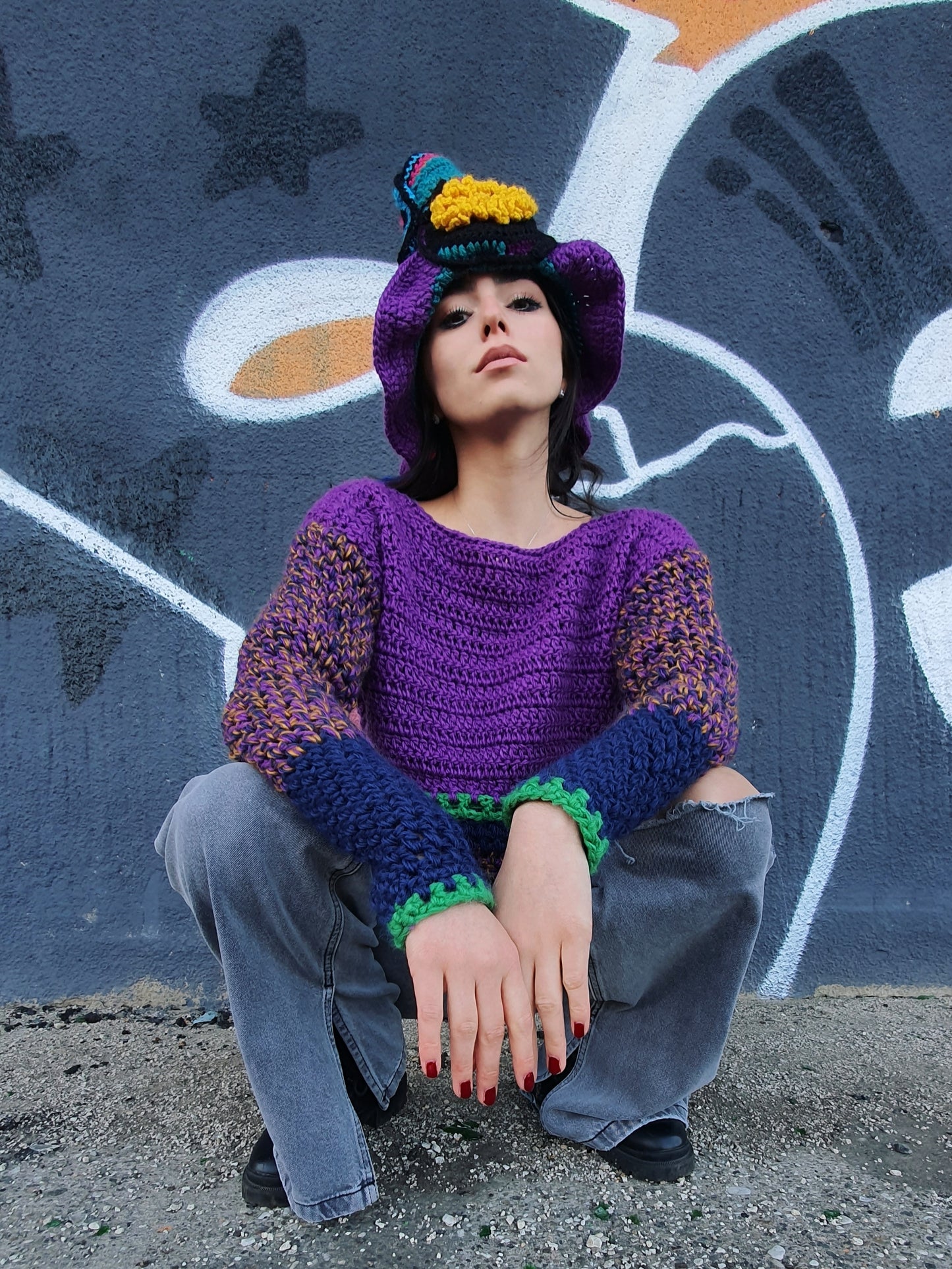 Multicolor women handmade knit sweater with hat