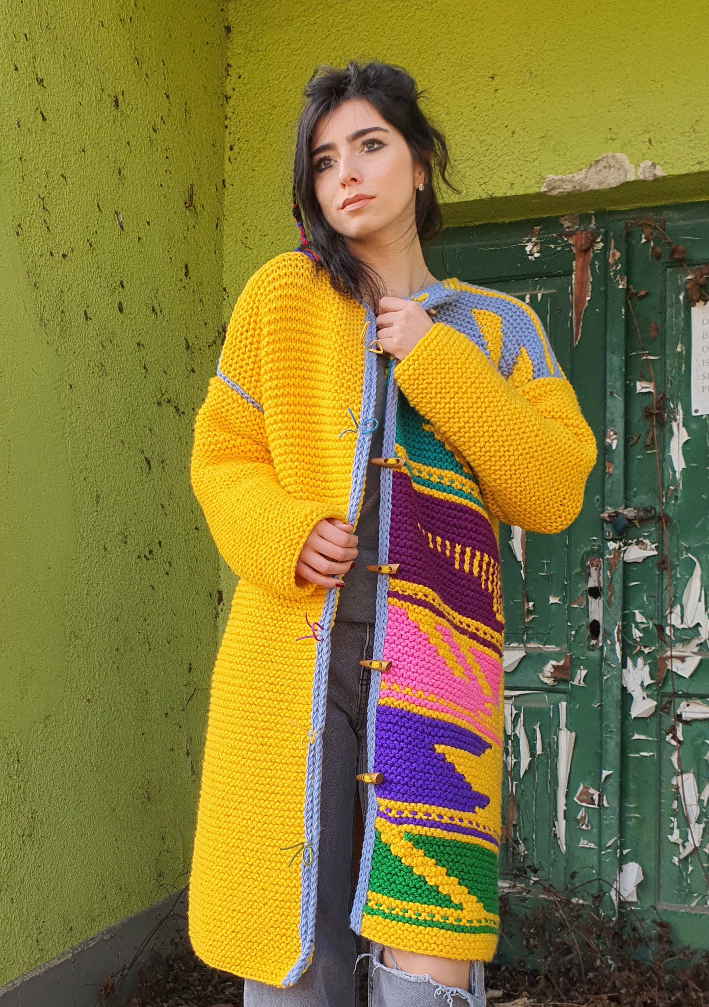 LARA - Yellow hand knit unique wool coat