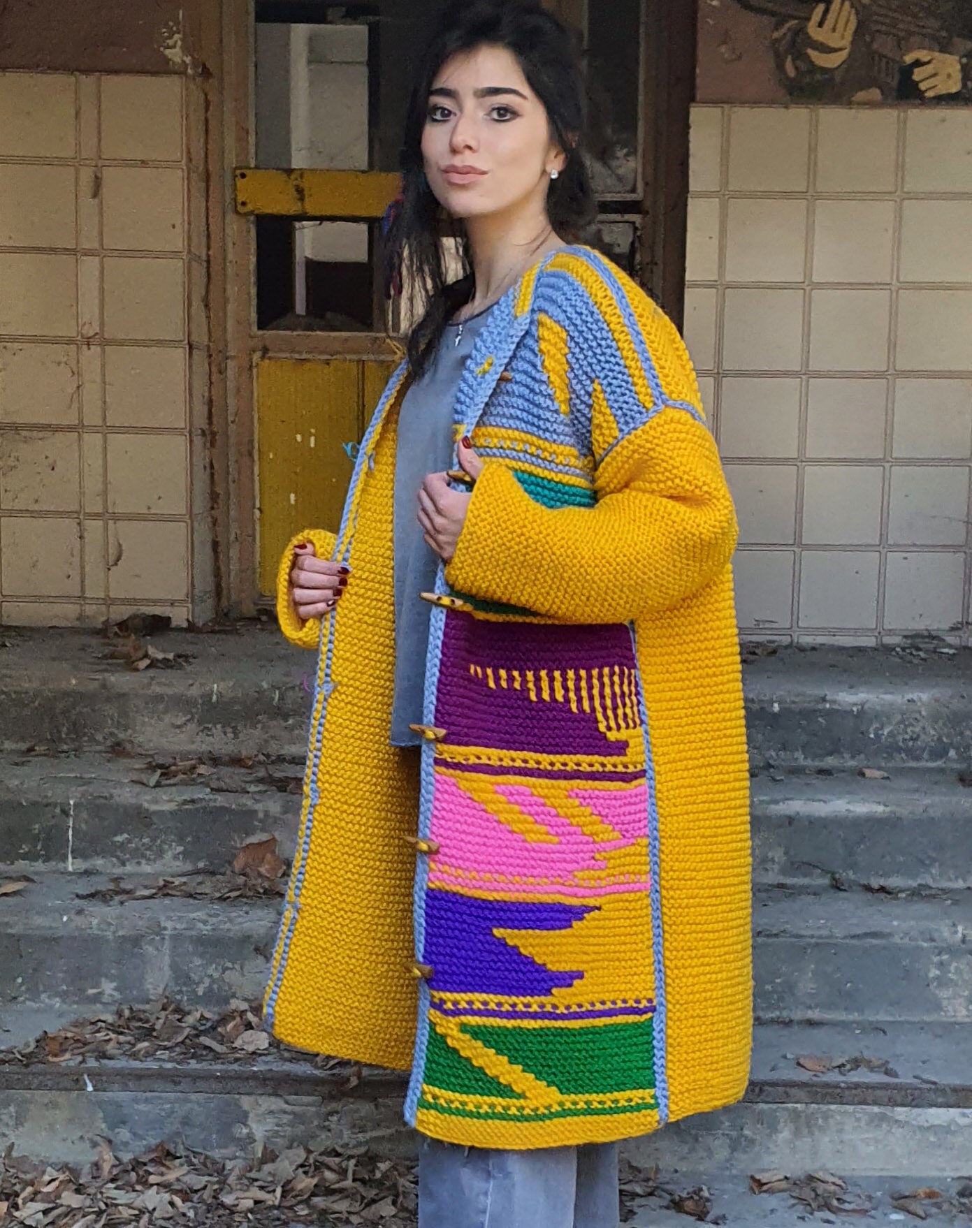 LARA - Yellow hand knit unique wool coat